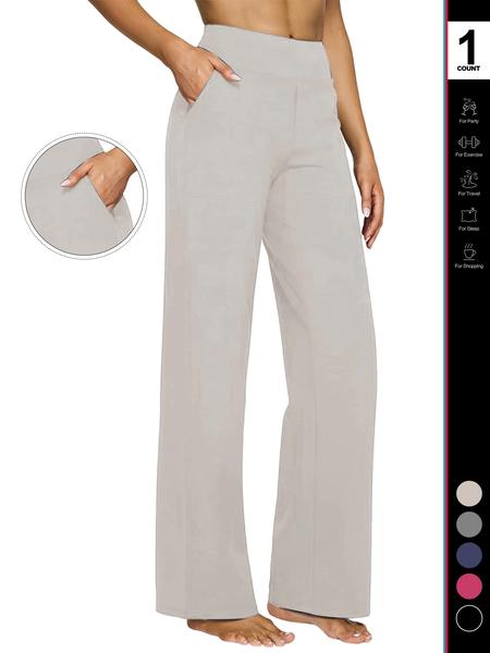 Women's High Waist Yoga Pants with Pockets, Fitted Wide Leg Sportswear, Casual Elastic Dress Pants for All Seasons  Yoga Pants Women Wide Leg Activewear Pants with Pockets High Waist Stretch Dress Casual Sweatpants Breathable Activewear Bottoms