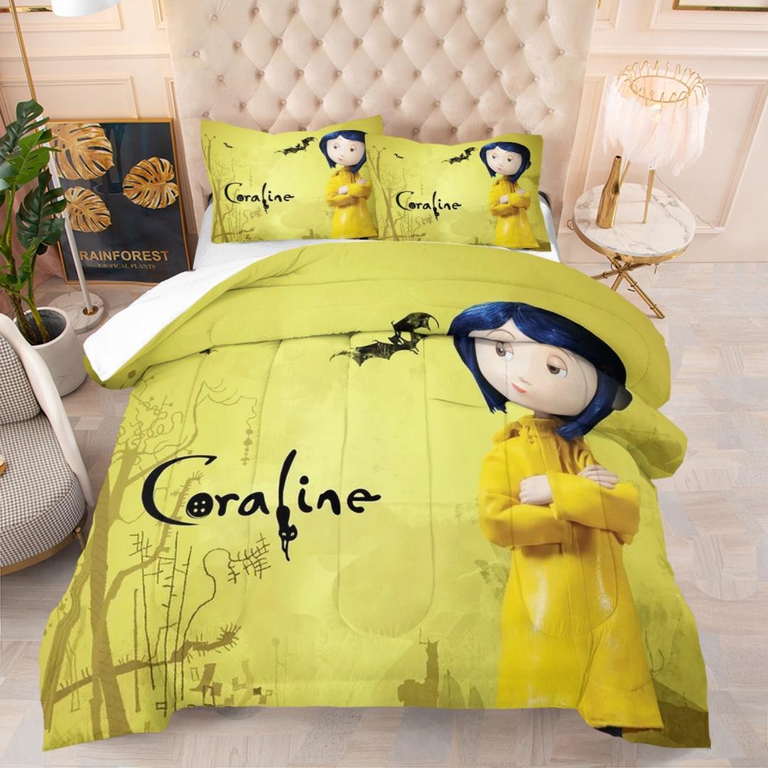 Coraline Pattern Bedding Set, Includes 1 Quilt and 1 or 2 Pillowcases Without Pillows, Soft Kids and Adult Bedroom Gift