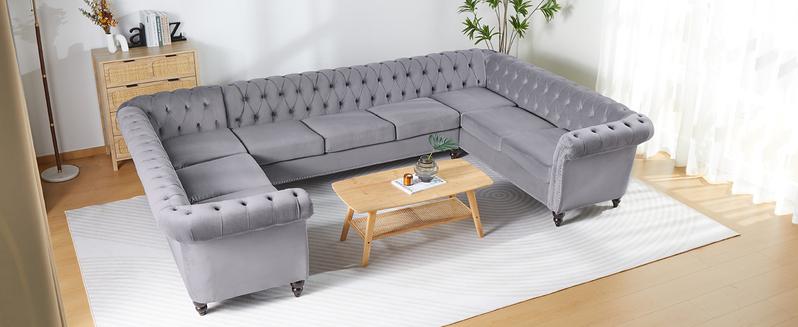 Giratree Furniture U Shaped Large Sectional Couch, Chesterfield Velvet Sofa Tufted Accent Sofa with Scroll Arms and Nailhead for Living Room, Office