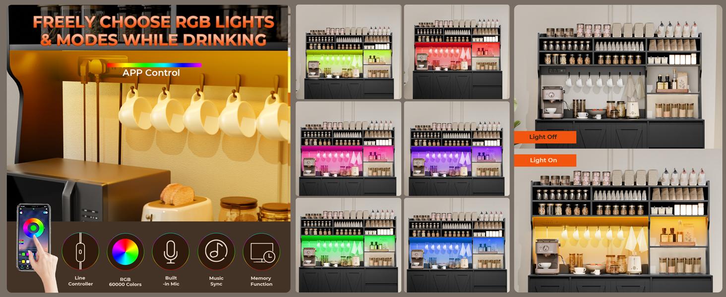 Buffet Sideboard Cabinet w/Power Outlets & LED Light, Large Kitchen Hutch Cabinet w/3 Drawers, Microwave Stand, Adjustable Shelves & 7 Cup Holders, Pantry Cupboard w/Doors