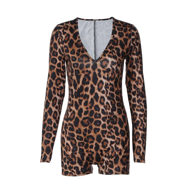 Women's Leopard Print V Neck Long Sleeve Romper, Ladies Spring Fall Winter Party Club Date Holiday Daily Casual One-piece Set Shorts Jumpsuits Playsuits For Everyday Wear