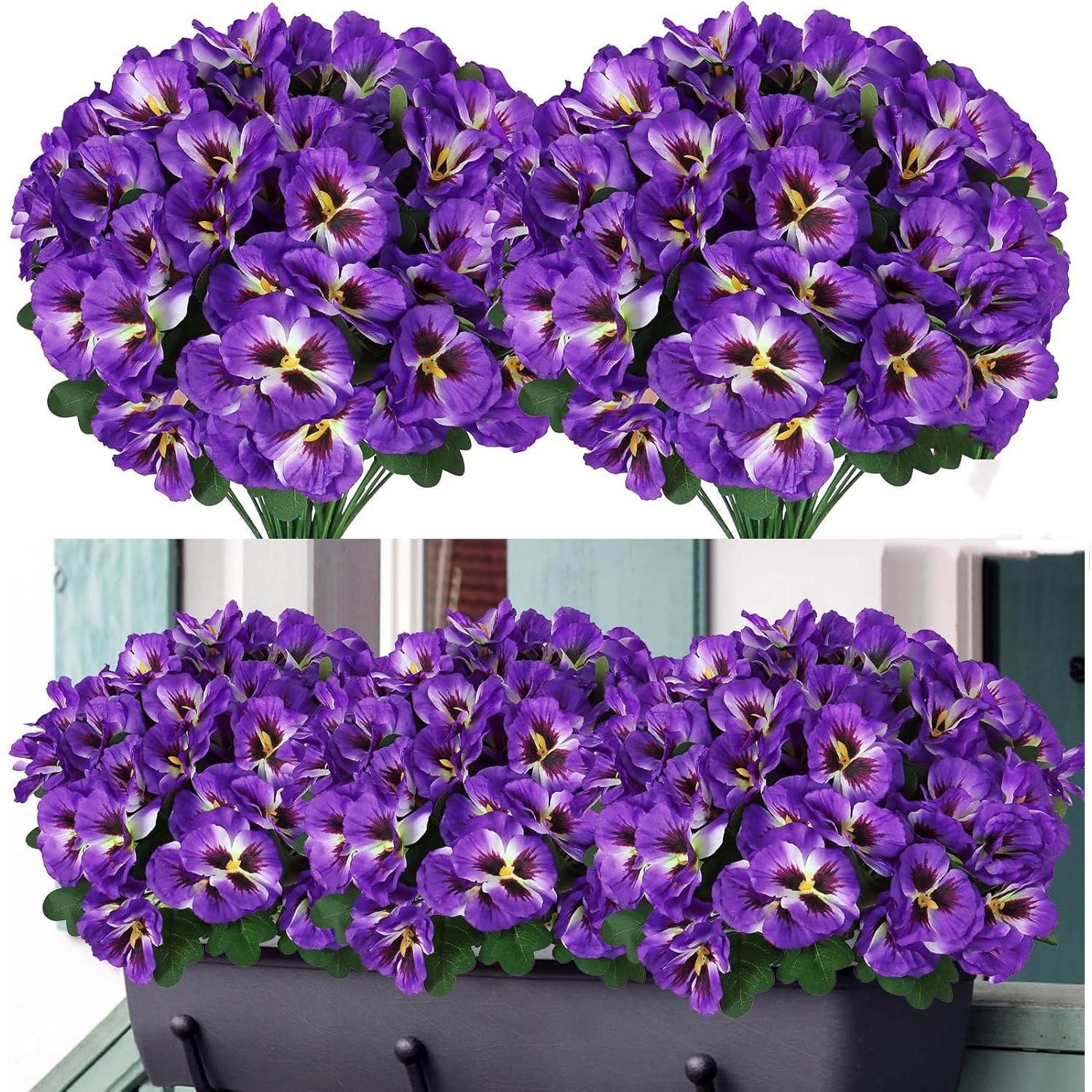 12 Bundles Artificial Pansy Flowers for Outdoor Fake Small Wild Flower Faux Pansies for Home Wedding Kitchen Garden Table Centerpieces Indoor Outdoor Decor Artificial Flower Decoration (12, White/Purple/Yellow)
