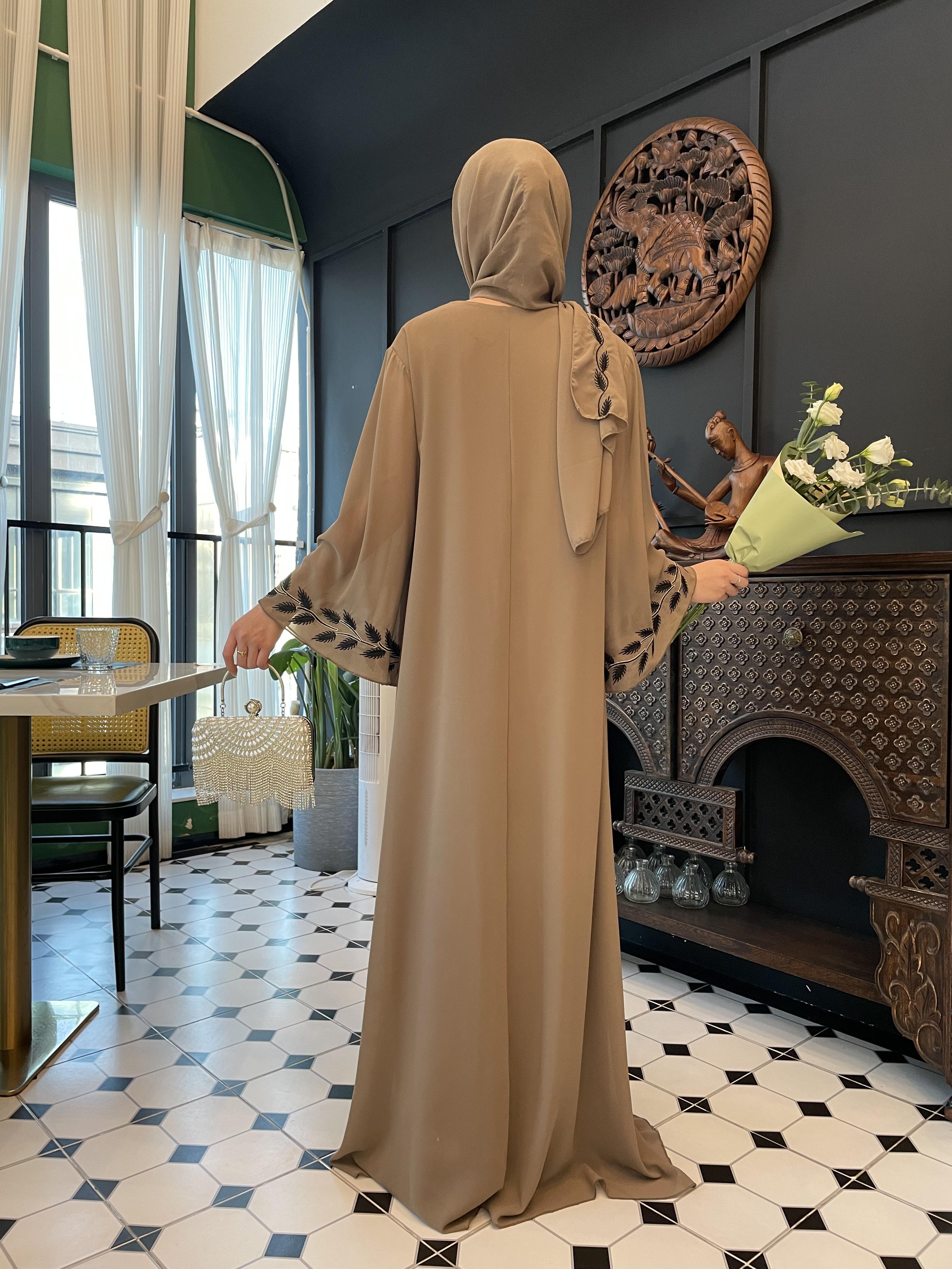 CL14 Unique and exquisite embroidery design abaya, chiffon abaya, two piece set, summer abaya,Muslim robe Modesty Maxi Formal Women Chic Beige【Fashionweek】