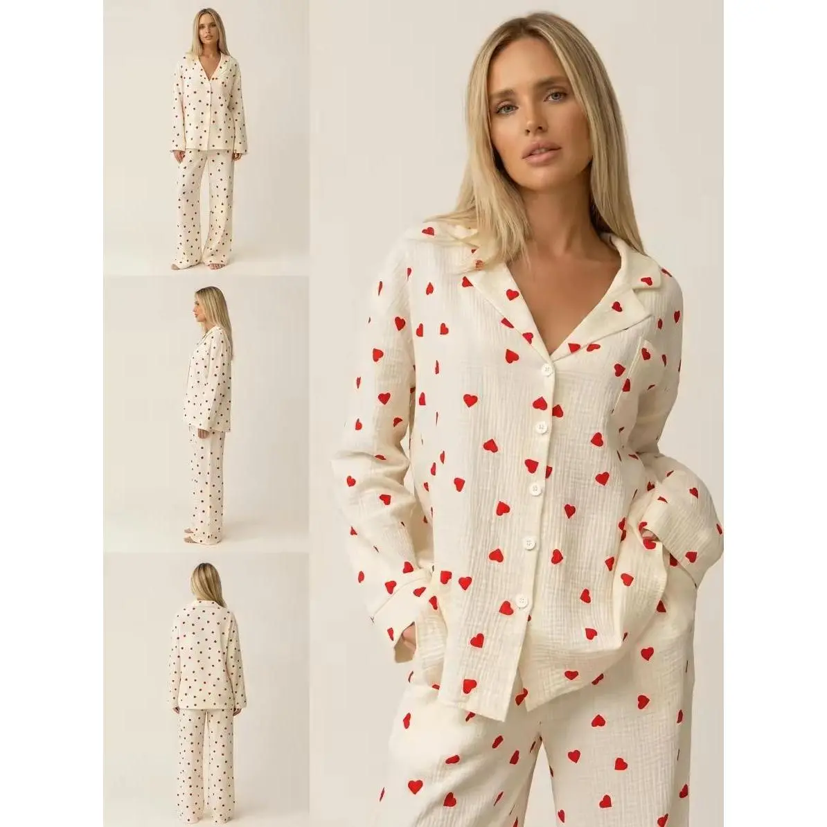 Women Heart Print 2 Piece Cotton Pajama Set, Crinkled Look Loungewear, Button Down Long Sleeve Shirt & Wide Leg Pants, Casual Sleepwear With Pockets, Longsleeves, Pajama Sets Women