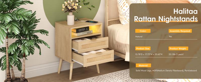 Vabches Rattan Nightstand With Charging Station USB Port Led Lights And 2 Storage Drawers Vabches Rattan Nightstand With Charging Station USB Port Led Lights And 2 Storage Drawers