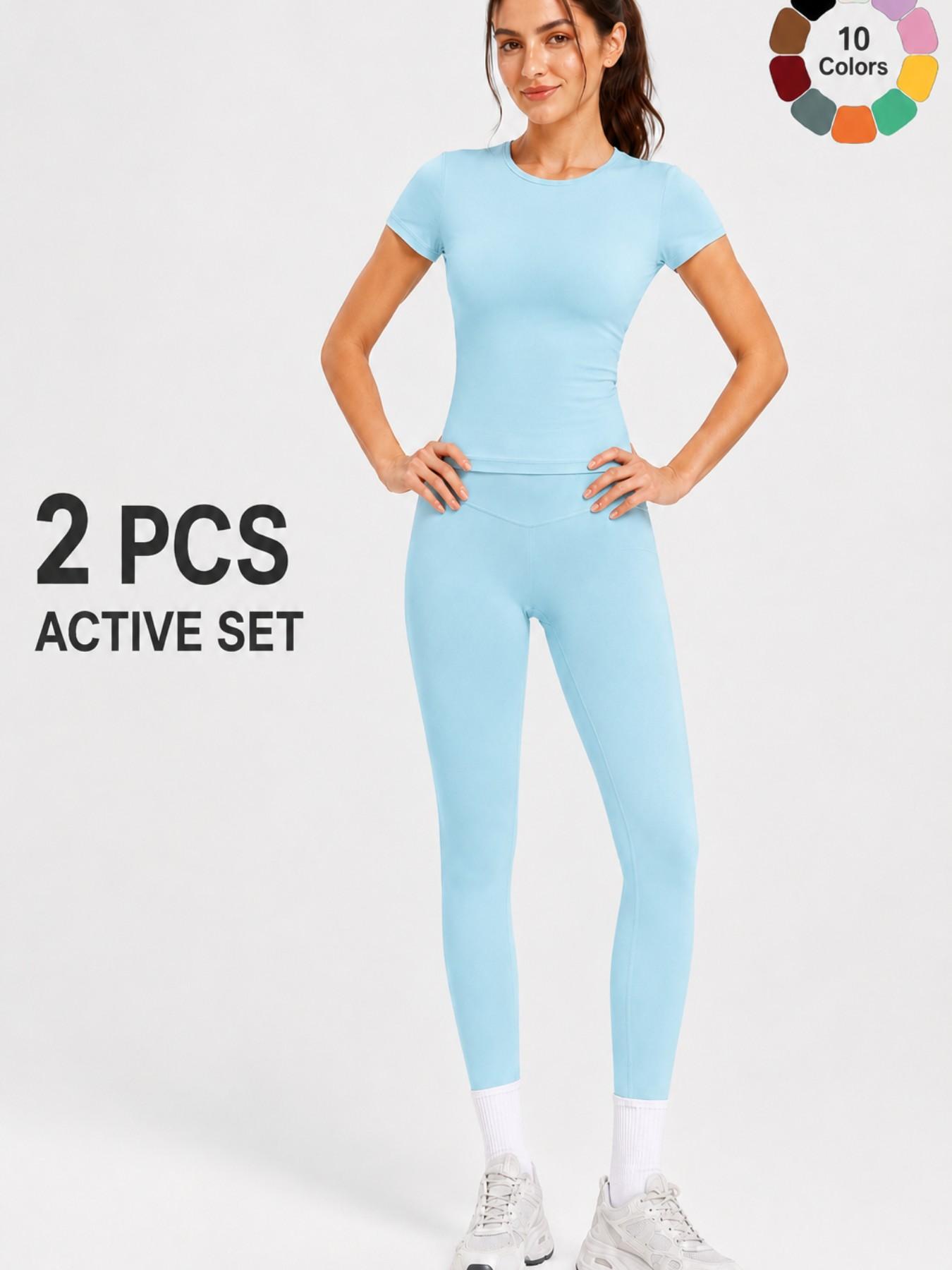 Women's 2 Piece Workout Outfit Sets, Short Sleeve Crew Neck Crop Top & High Waist Yoga Leggings, Casual Athletic Fitness Activewear Tracksuit