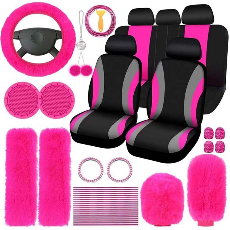 45pcs Car Seat Covers & Interior Accessories Set: Thin Polyester Five-Seat Car Seat Covers, Plush Steering Wheel Cover, Shoulder Pads, Gear Shift Knob Cover, Rearview Mirror Ornaments, Cup Pads, Tire Valve Caps, Stitching Trim Strips.