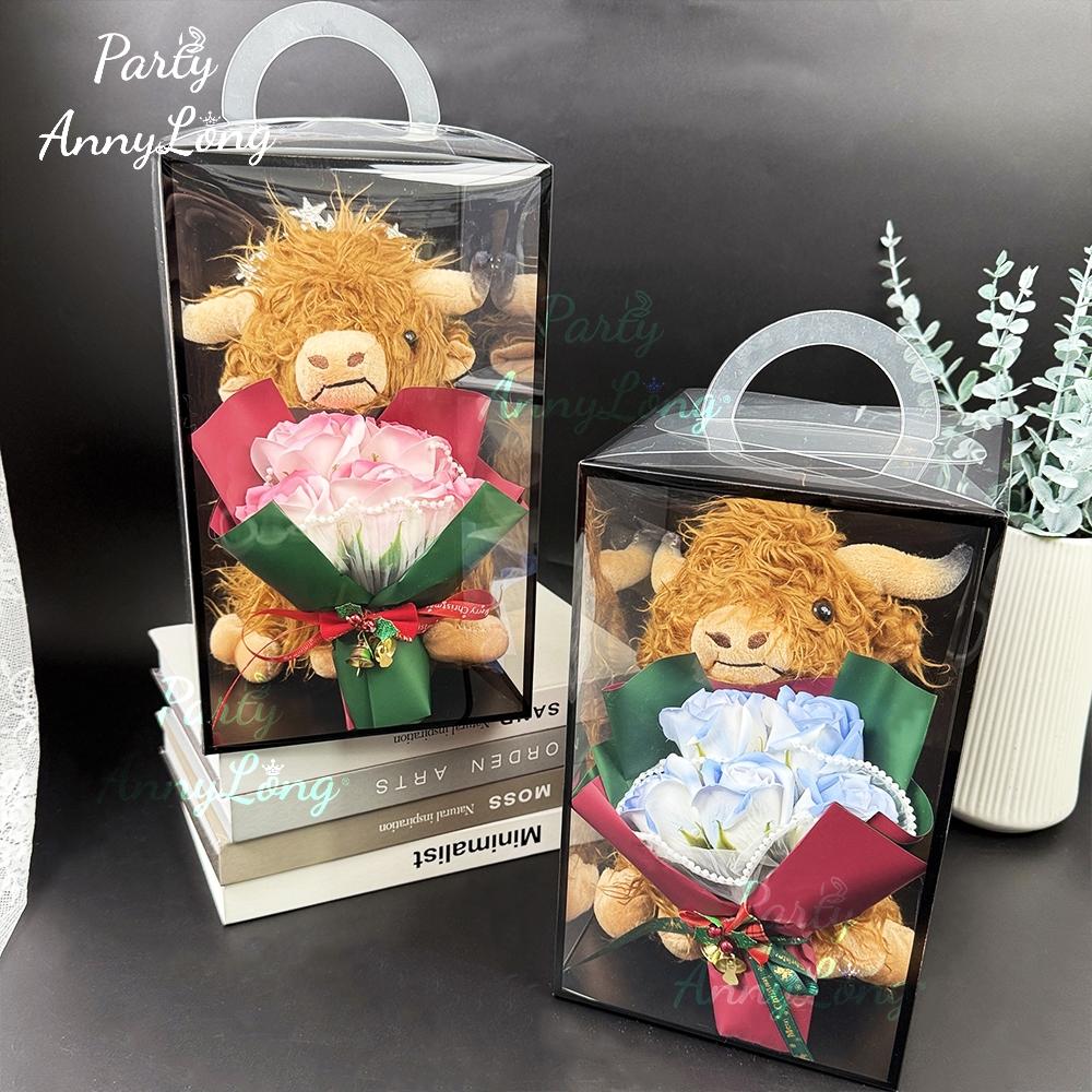 Christmas Highland Cow Plush Toy with Artificial Rose Bouquet, 1-Set Cute Cow Design Plush Home Decoration, Holiday Gift for Loved Ones