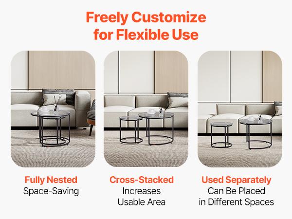 VEVOR Nesting Coffee Table Set of 2, 23.6 in Round Coffee Table, Glass Nesting Tables for Small Place, Modern End Side Tables Night Stand with Metal Frame, for Living Room, Bedroom, Balcony, Office