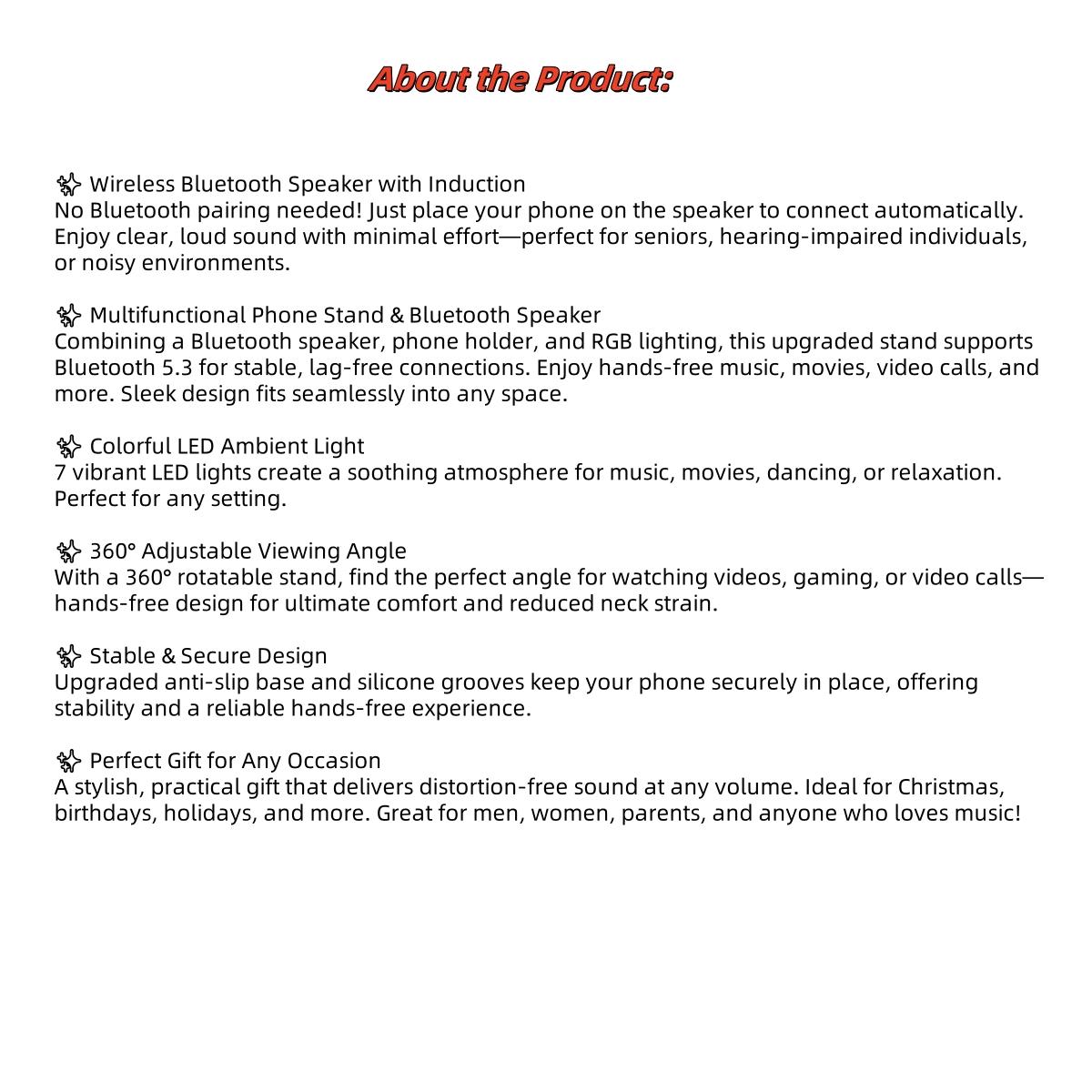 Wireless Induction Audio Bluetooth Speaker,360° Rotation Stand with LED,Universal Speaker Stands for Surround Sound&Hi-Fi Sound,Portable Desktop Stand Gift for Home,Shower,Outdoors,Travel