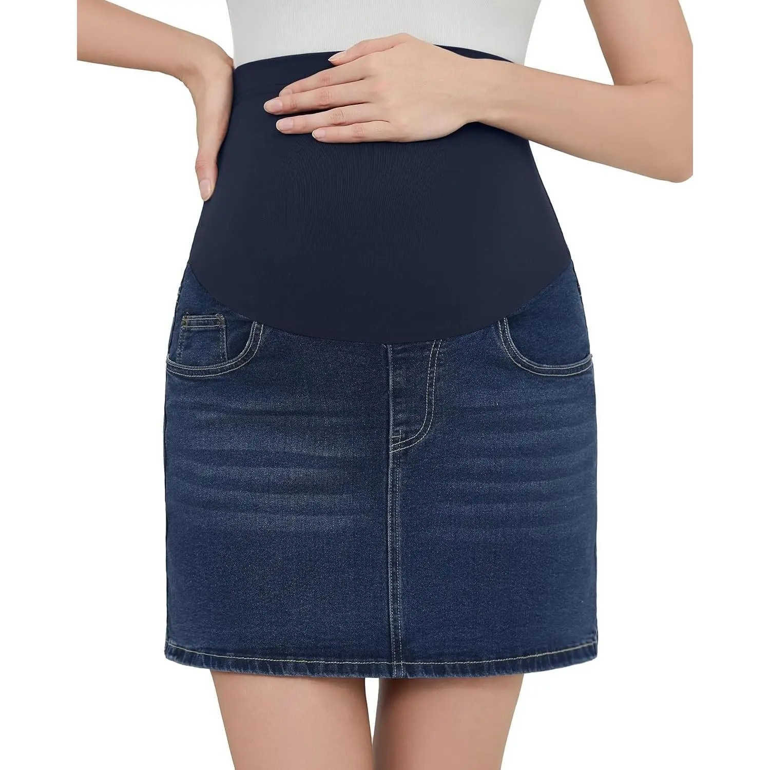 Women's Maternity Denim Skirts Over Belly Stretchy Pregnancy Skirts with Built-in Shorts