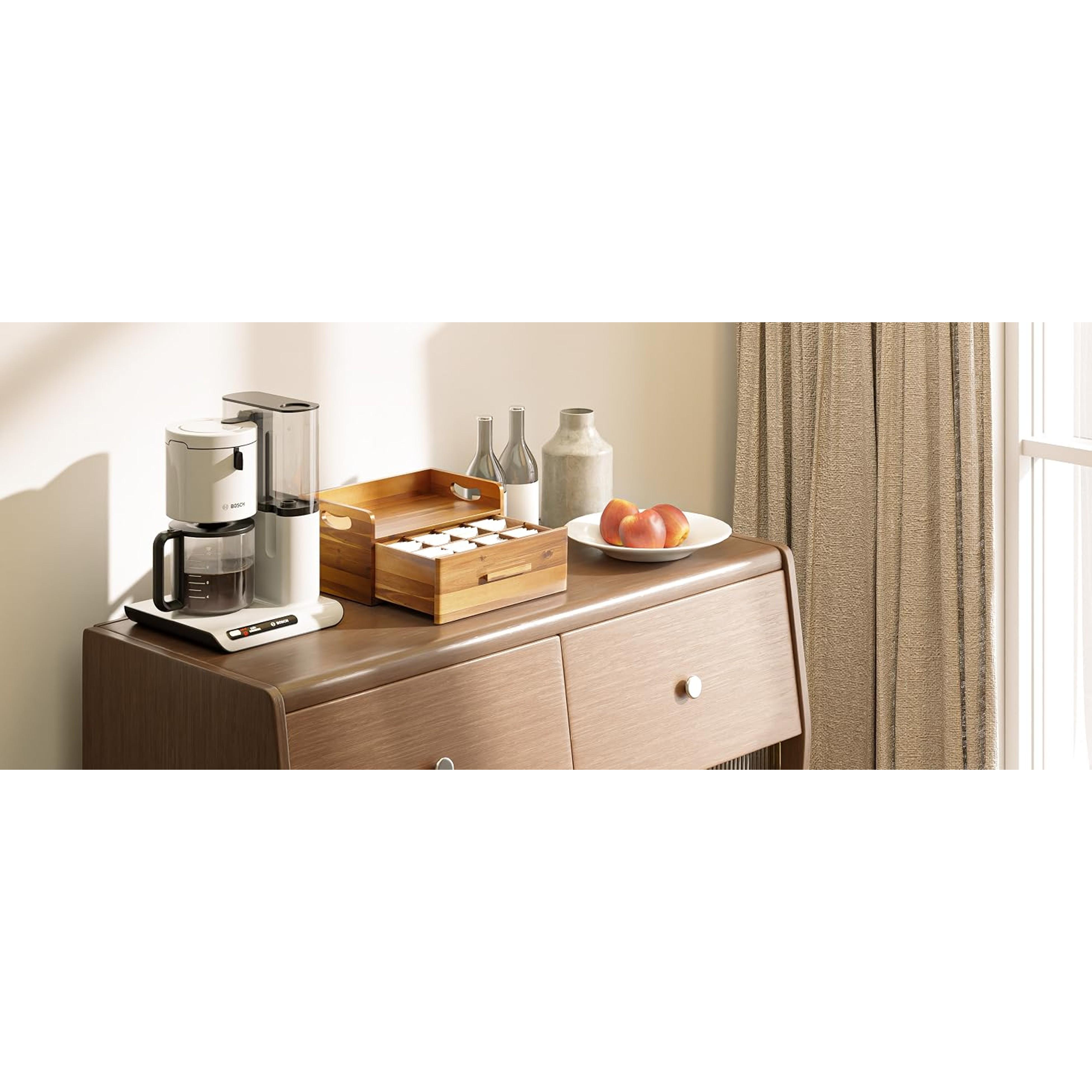 Acacia Wooden Tea Box Organizer with Drawer – Tea Chest for Tea Bags Storage – Tea and Coffee Organizer - Wooden Tea Tray and Containers for Countertop Display (Acacia)