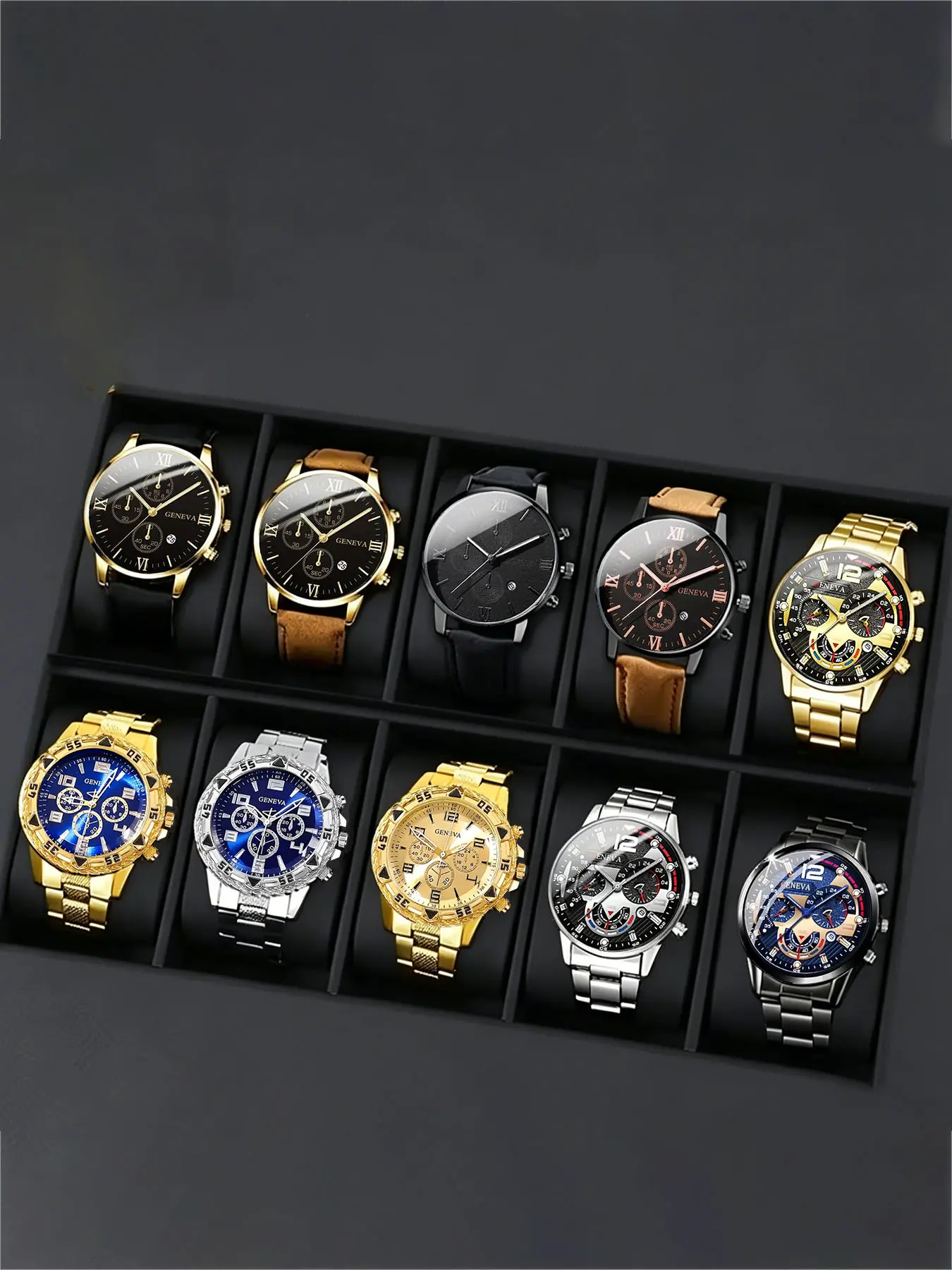 10 pieces/set men's watch set, men's casual watch simulation alloy and artificial leather quartz men's watch, multi-color men's watch, ideal choice for gift watches
