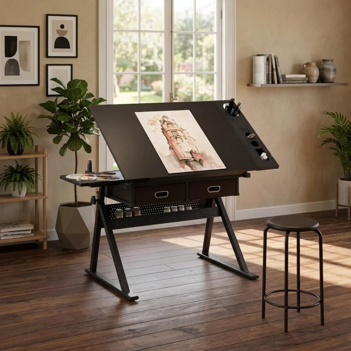 Adjustable Drafting Table Desk with Tilt Top, 2 Drawers and Stool, Black Engineered Wood and Metal Drafting Desk for Home Office, Art Studio and School