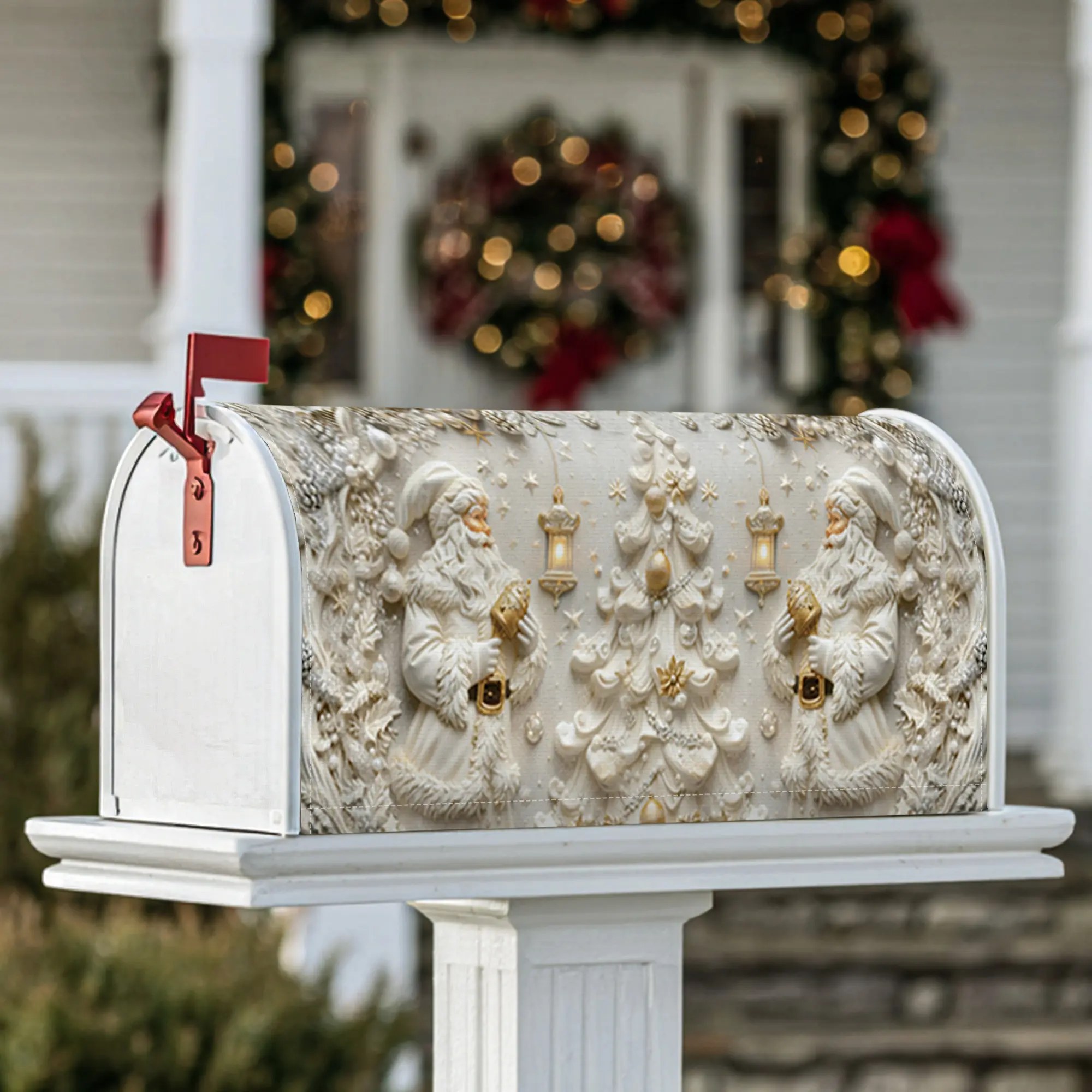 Santa Magnetic Mailbox Covers, Christmas festive Christmas tree lantern Christmas white Letter Box Cover for Outdoor Decorations
