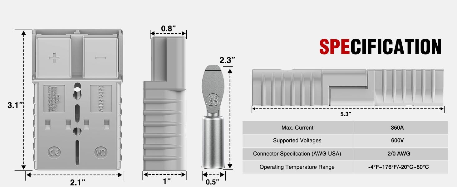 Nilight Anderson Connector 350AMP 2/0AWG Anderson Plug 12V-36V Battery Quick Connect/Disconnect Wire Harness Plugs Connectors Kit for 2/0 Gauge Cables Car ATV Trailer Towing Winch Motor, 2 Pack Grey