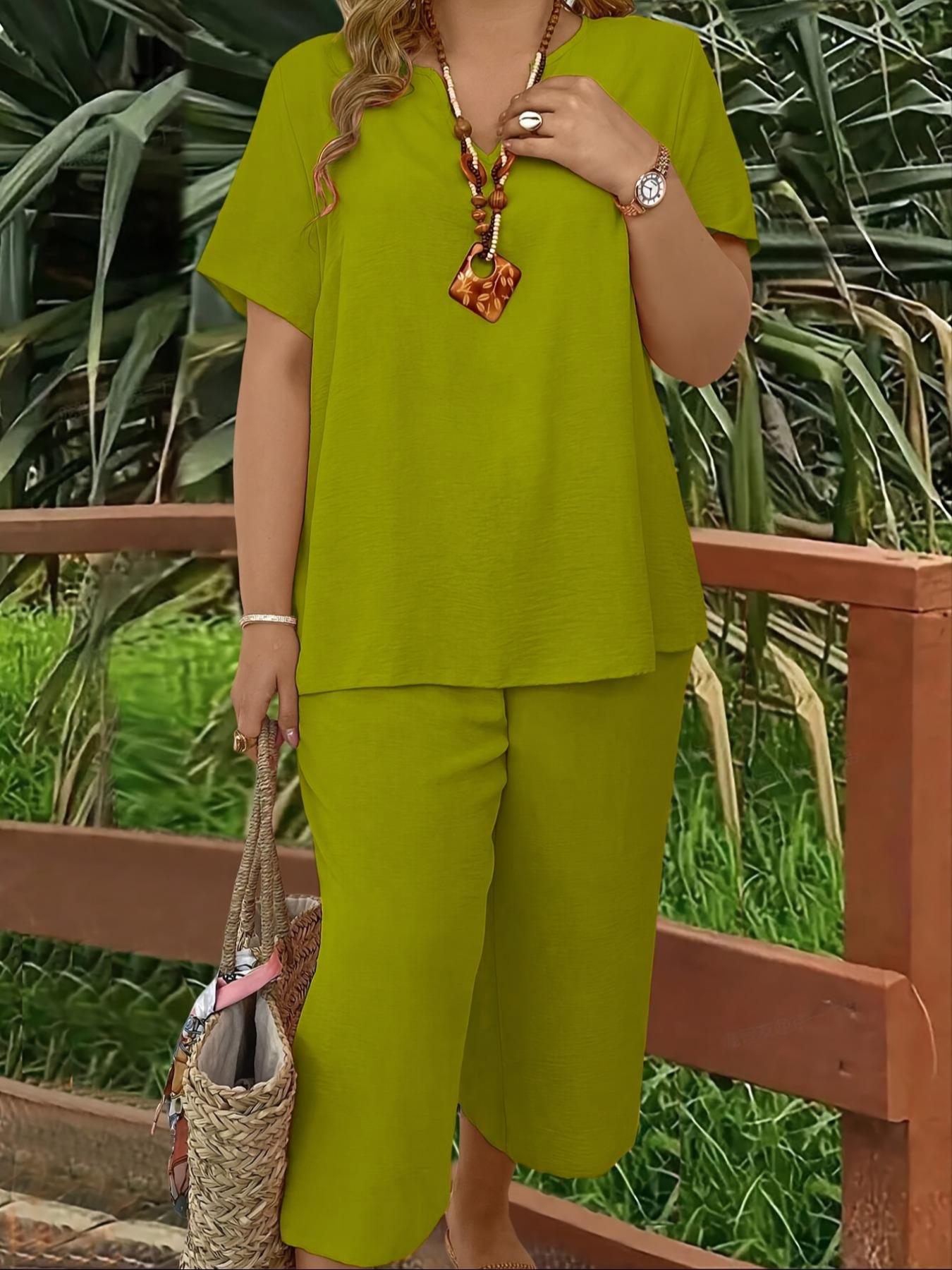 Elegant Plus Size Women's Solid Color Short Sleeve Fashion Top & Casual Wide Leg Pants Set, Summer, Comfortable & Stylish Elegant Plus Size Women's Solid Color Short Sleeve Fashion Top & Casual Wide Leg Pants Set, Summer, Comfortable & Stylish