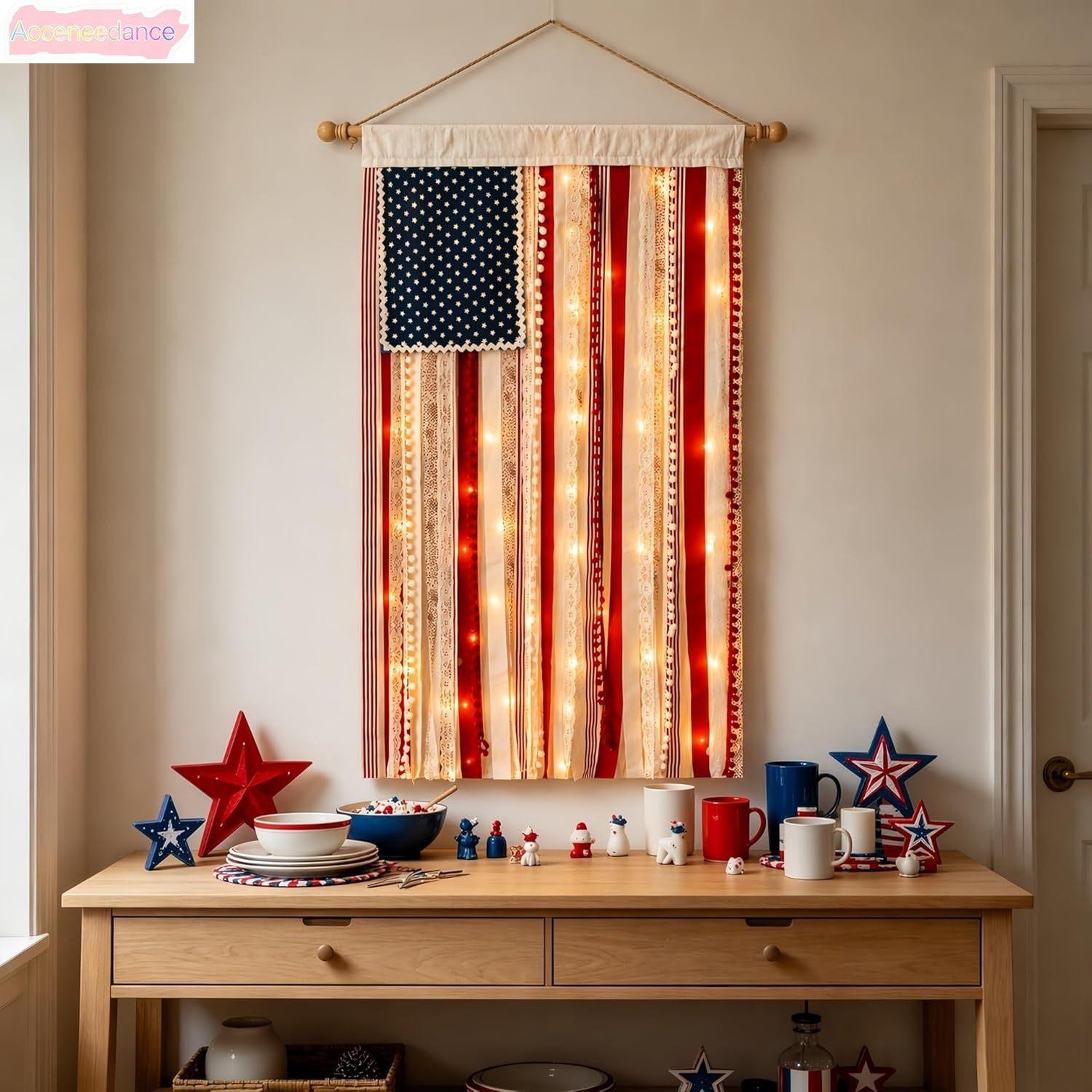 Lighted American Rag Flag Banner With LED Fairy Lights, 4x2.3 Ft Rustic Patriotic Tassel Garland For 4th Of July Decoration, Aesthetic Americana Wall Hanging For Porch Yard Party, Independence Day Celebration Home Decor 250th Anniversary