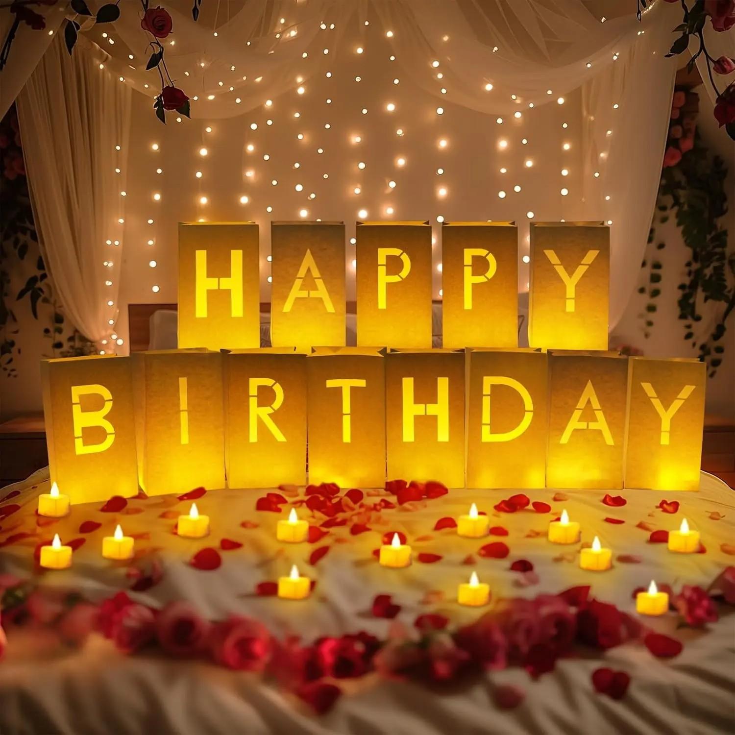 Light Up Letters Luminary Bags Kit with Flameless Candles, Fake Rose Petals & Happy Birthday Sign - Outdoor Lighting, Decorative Lights, Letter Glow Sign for Women Birthday, Romance, Children's Day Festive & Home Decor