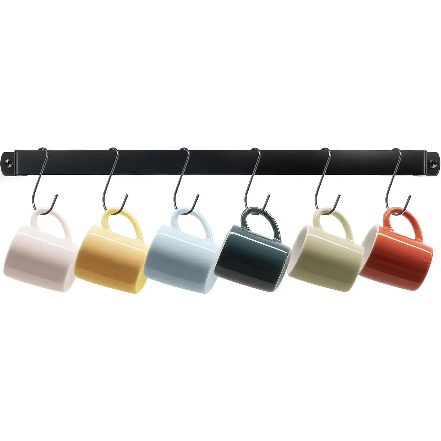 Coffee Cup Holder Wall Mounted for Coffee Bar & Apartment Kitchen Decor | 6 mug hooks,17x1x1.5 inch, , hand-forged iron, coffee cup hooks, screws and anchors