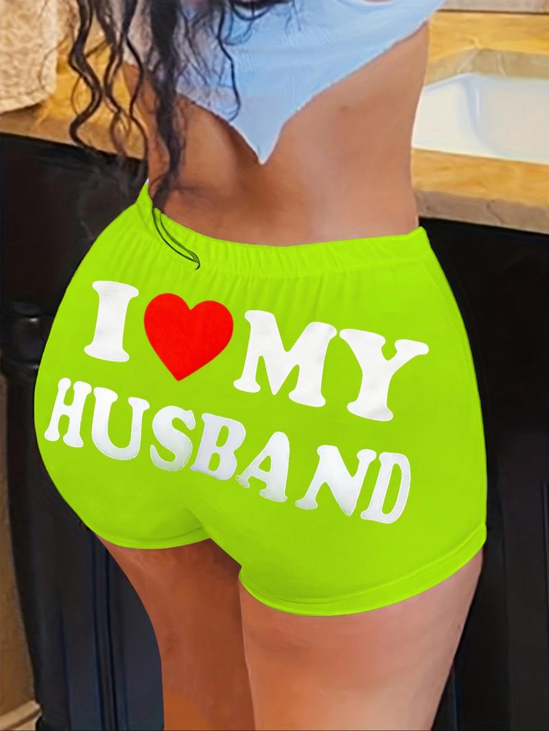 【Plus Size】 "i Love My Husband" & Heart Print Skinny Shorts, Casual Comfy Elastic Waist Shorts for Daily Wear, Women's Bottoms for Summer, Womenswear, Gym Shorts, Breathable Fitness Shorts, Athleisure Shorts