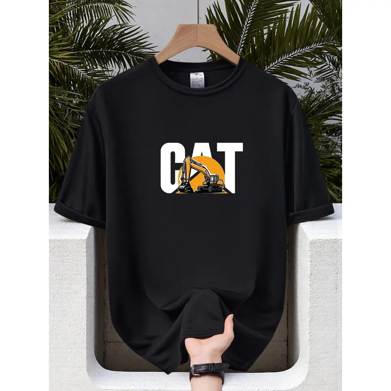 Men's black crew neck T-shirt--100% cotton, mesh breathable and quick-drying, minimalist excavator-themed design, versatile and suitable for all body types, summer casual sports short-sleeve top
