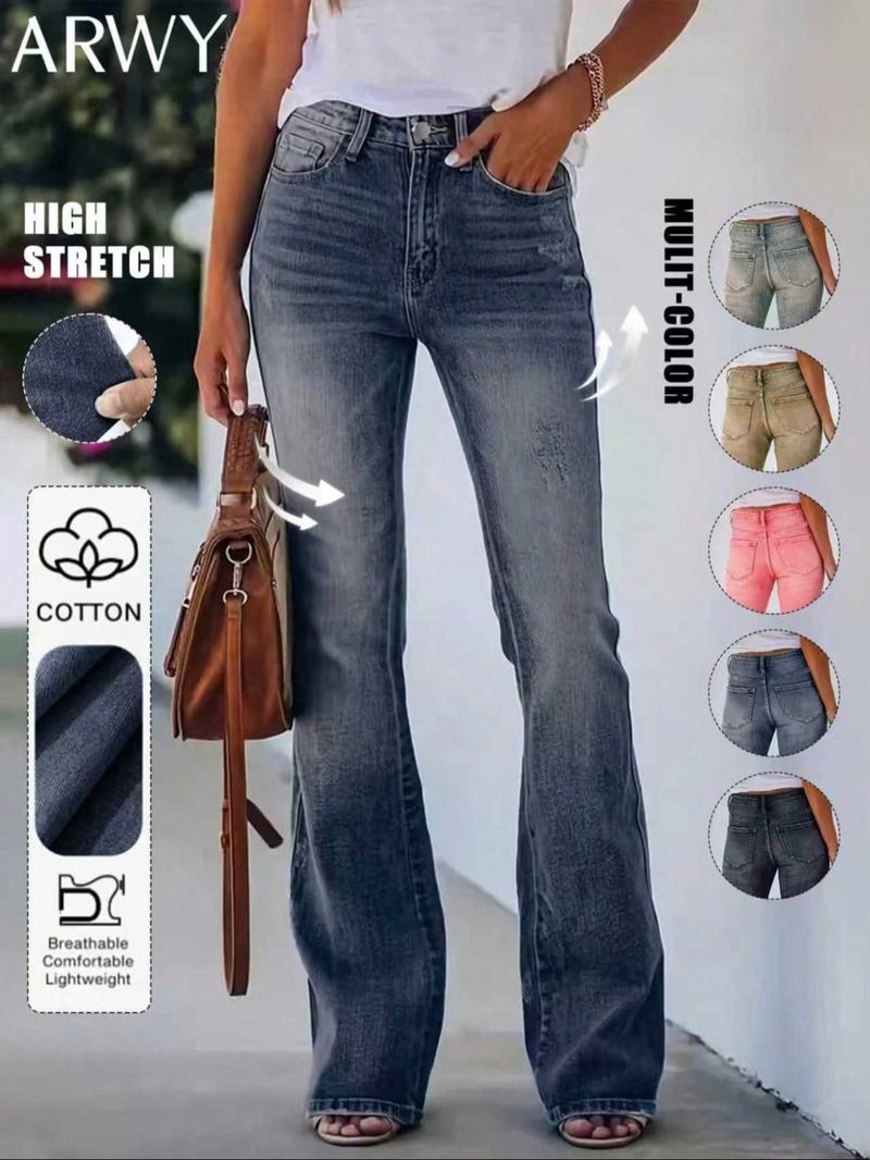 Women's Gradient-Color Slim-Fit Bootcut Jeans, Fashion Mid-Rise Stretchy Washed Denim Pants, Bohemian Style for All Seasons