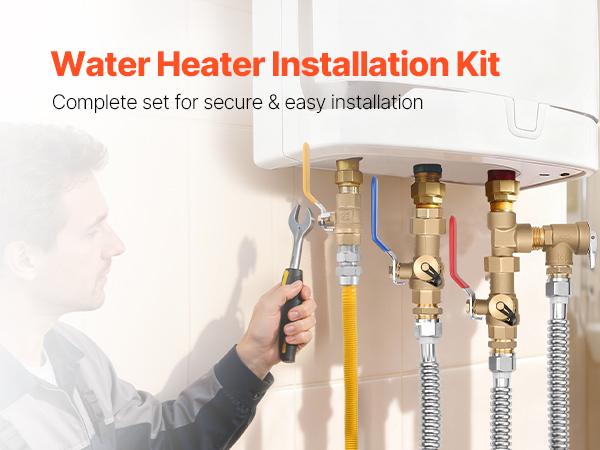 VEVOR 3/4 Inches Brass Steel Water Heater Kit, Corrosion Resistant Plumbing Repair Kit with 600 WOG Isolation Valves, Pressure Relief Valve, Dual-Layer Gas Hose, Standard Fit for Most Tankless Water Heating Brands
