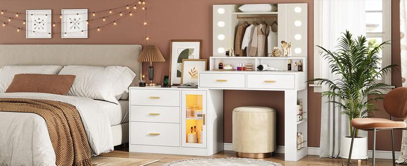 Sikaic LED Makeup Vanity Dresser With Mirror And Charging Station & 5 Drawers Cabinet Storage Furniture Bedroom Aesthetic Modern