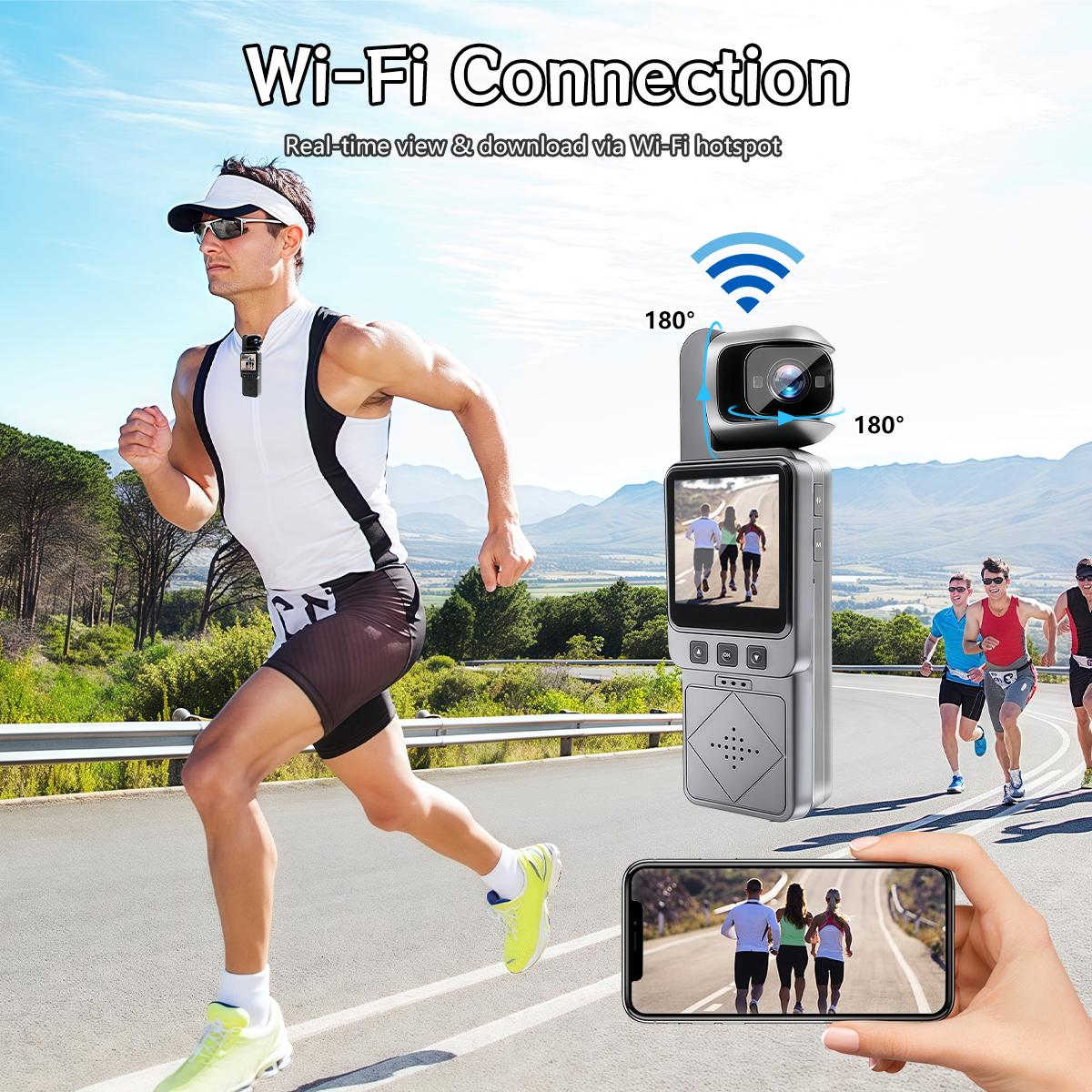 High-Definition 180° Rotating Lens Portable Sports Camera, 6x Digital Zoom, Wide Angle, Wireless Transmission, Night Vision, Loop Recording