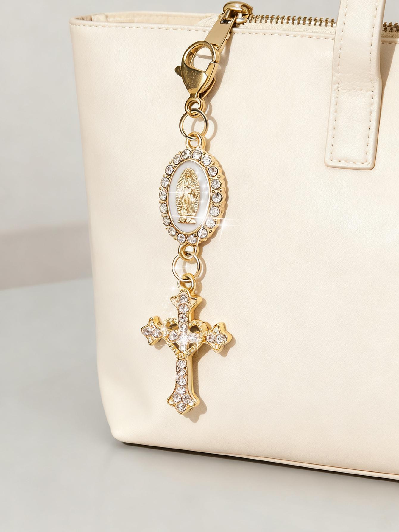 Christian Amulet Keychain With Love And Rhinestone Cross, Pendant Decorated With The Virgin Mary, Pearl And Diamond Amulet - Gothic Cross Keychain, Keychain For Bags, Bag Amulet, Cross Pendant, Decorative Wallet Backpack Accessories
