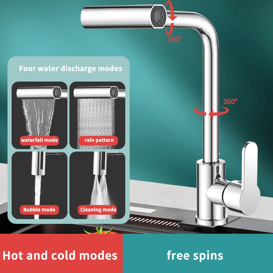 Stainless Steel Kitchen Faucet with Waterfall Function, Multi-Functional Cold Hot Water Tap, Rotating Spray Head, Includes 2 X 60cm Hoses