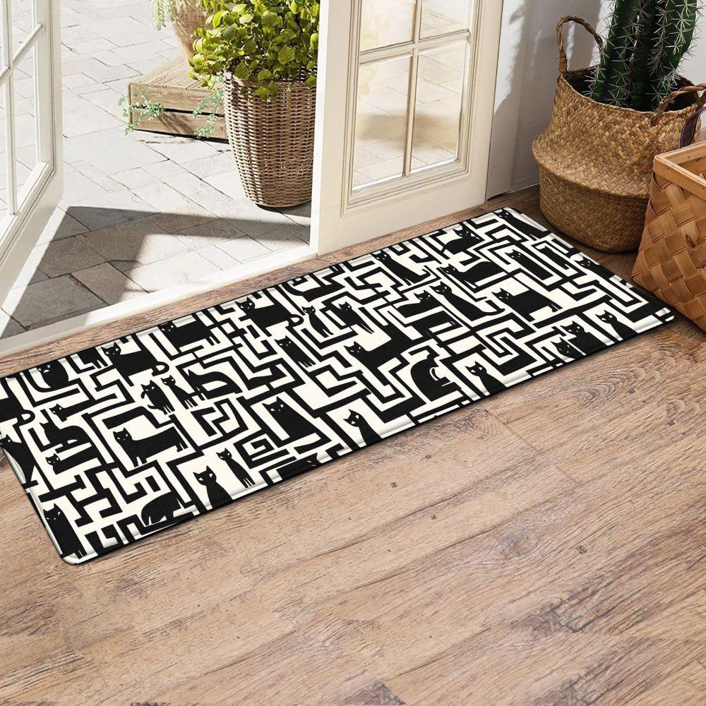 1PC， Black and White Geometric Maze Pattern strip rugs, home décor, bathroom mats, entryway mats, bathroom non-slip mats, indoor entrance rugs, bedroom bedside mats, kitchen mats, hallway rugs, flannel sponge rugs, hallway runner rugs