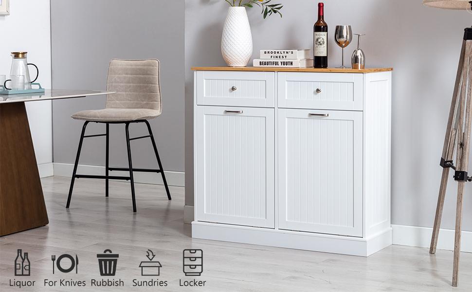 Double Trash Cabinet Tilt Out 20 Gallon, Pet Proof Kitchen Trash Cabinet Laundry Hamper with Cutting Board, Wood Garbage Recycling Station Hideaway Trash Holder Drawers (White)（Black）(Grey)