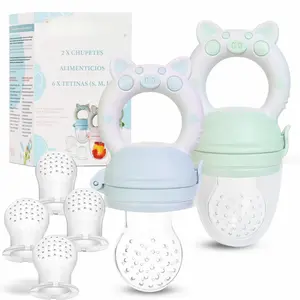Baby Fruit Feeder Pacifier - BPA-Free Silicone Baby Food Feeder  Self-Feeding - Teething Relief - 4+ Months, 6 Silicone Nipples - 2 Pack Fresh Fruit Pacifier Frozen Teether - Blue & Green