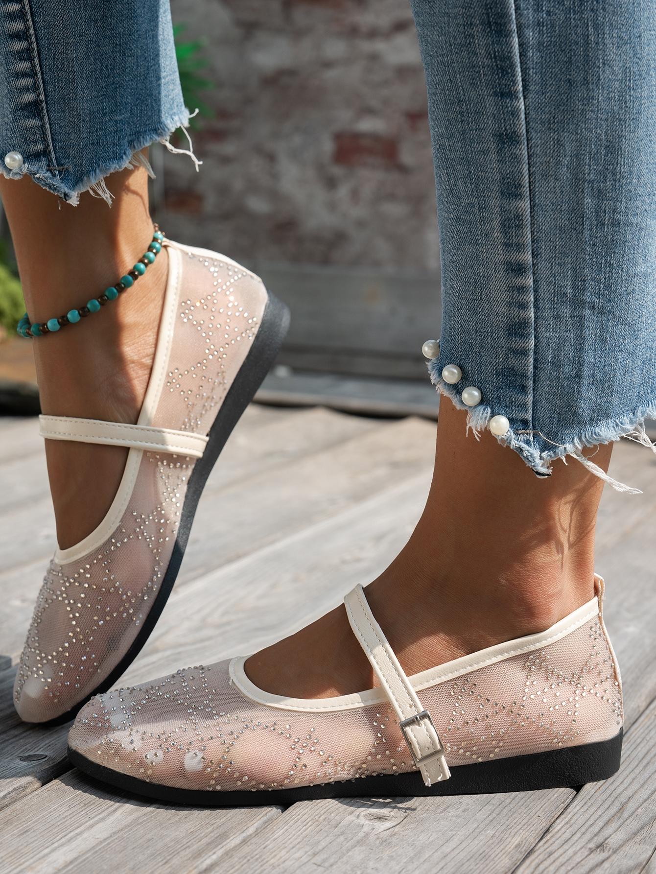 Women's Rhinestone Mesh Mary Jane Shoes, Summer Fairy Style Square Toe Ankle Strap Breathable Flats