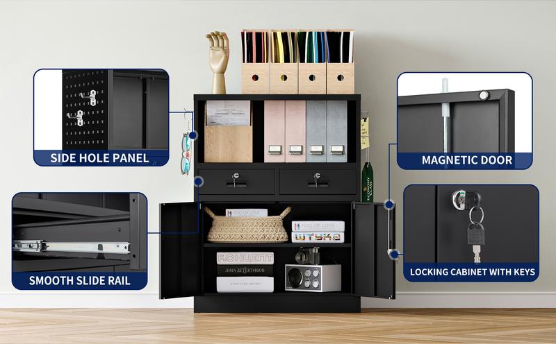 Yizosh Metal Storage Cabinet with 2 Drawers and Locking Doors,- 41.3" Steel Lockable Storage Cabinet with Shelves for Home Office,Garage,School (Black)