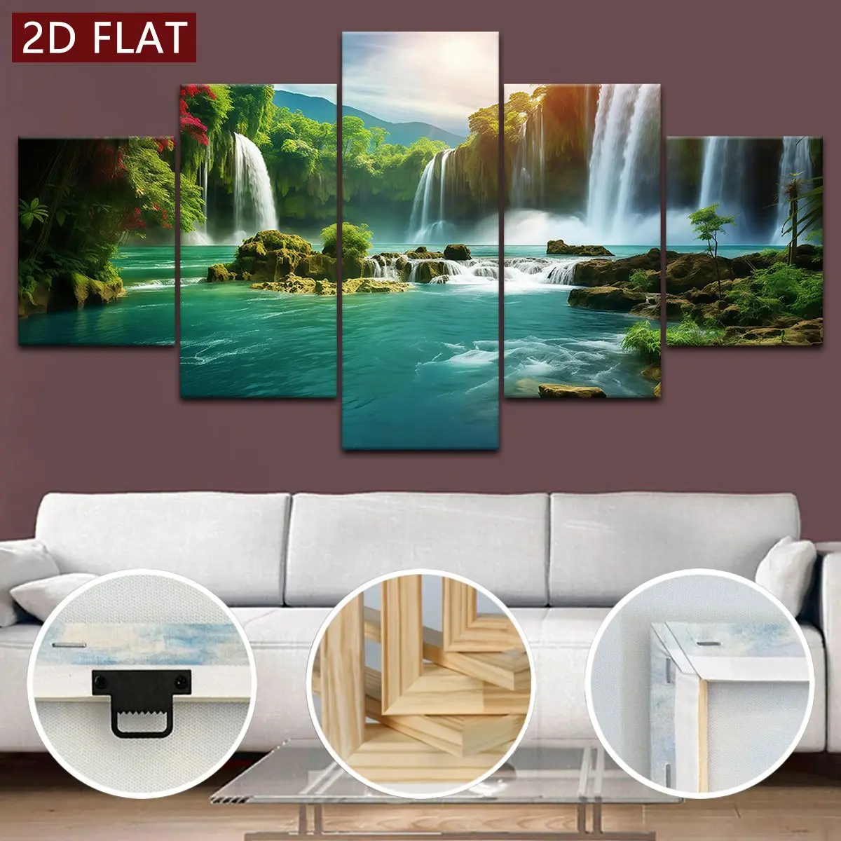 Framed Wrapped Canvas Wall Art 5 Pieces,Tropical Waterfall Landscape Images, 2D Flat Print Home Decor For Bedroom Living Room Office, Ideal Gift For Christmas Thanksgiving Birthday Housewarming, Aesthetic Wall Decor For Men And Women.