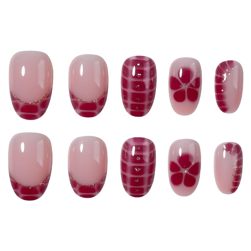 24pcs Short Oval French Tip Press-On Nails, Stick On Nails, Glossy False Nails, Fake Nails Set, Heart and Flower Design, Acrylic False Nails Set for Women, Includes Jelly Glue and Nail File