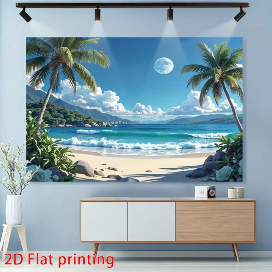 Hawaii Beach Banner, Tropical Party Banner with Palm Trees, Waves, Full Moon, Polyester, Wedding, Birthday, Anniversary Decorations