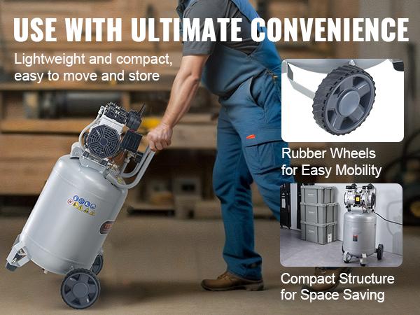 VEVOR 13 Gallon Air Compressor, 2HP 4.6 SCFM90PSI Oil Free Air Compressor Tank, 66dB Ultra-Quiet Compressor for Tire Inflation, Auto Repair, Woodwork Nailing, Spray Painting (125PSI Max Pressure)