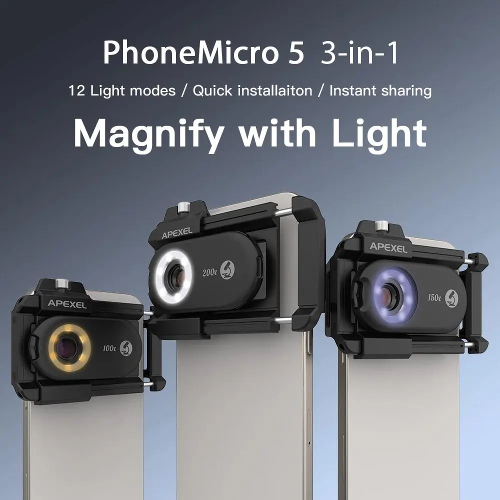 APEXEL 100X/150X/200X Microscope Jewelry Lens Phone Camera Lens Kit Macro Lenses with LED Light for iPhone android allSmartphone