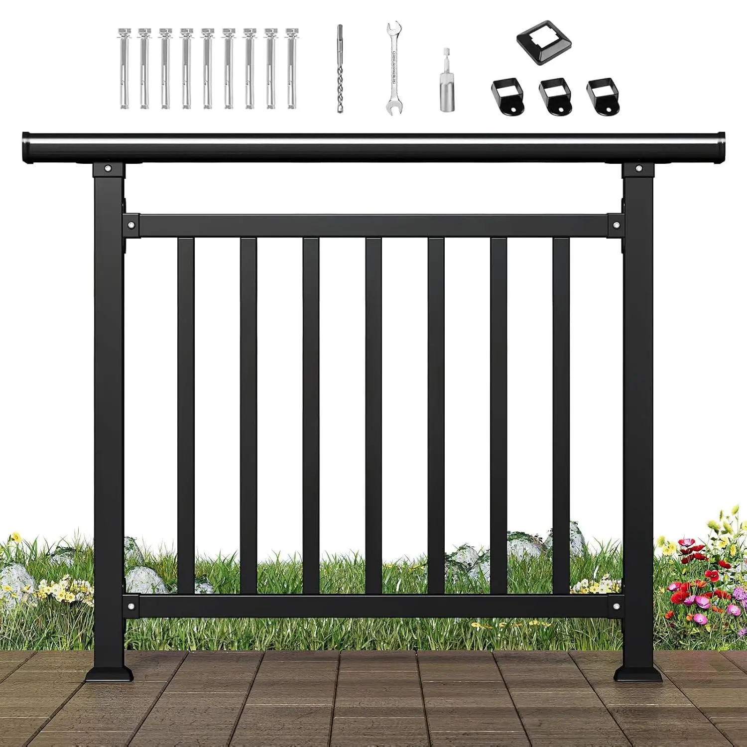 Maeklon DIY-Friendly Horizontal Outdoor Deck Railing Kit - 40" H x 50" W Heavy-Duty Wrought Iron Guardrail, Rust-Resist Powder Coat, Contemporary Flat Design, All-Weather Protection, Easy DIY Installation, Black for Patios
