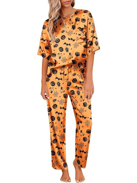 Women's Satin Silk Pajama Set, Short Sleeve Top & Long Pants, Soft Sleepwear for Women, Comfortable Loungewear for Home Use