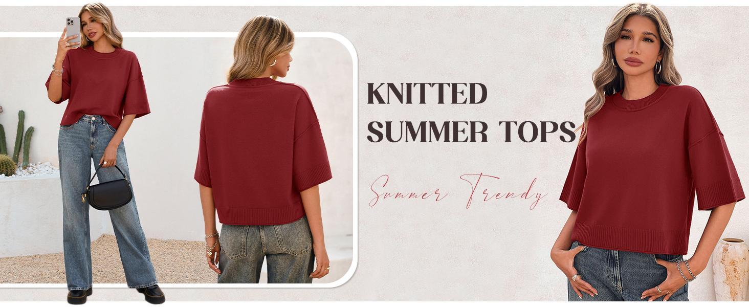 Saodimallsu Womens Short Sleeve Sweater Summer Oversized Cropped Sweaters Casual Crewneck Lightweight Knit Tops Knitting Style Womenswear Knitwear Fabric