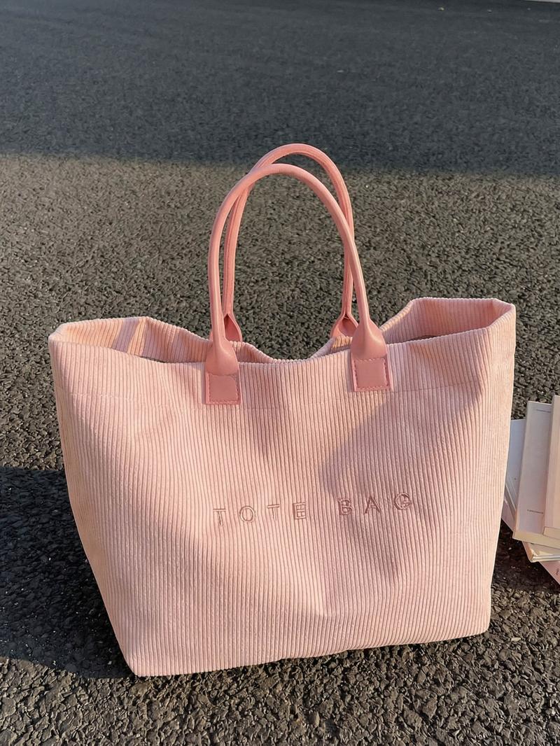 Large Capacity Corduroy Letter Design Handbag, Handbag Shoulder Purse, Casual Fashion Shoulder Bag, Work & Daily Use, Stylish Tote Bag for Fall & Winter