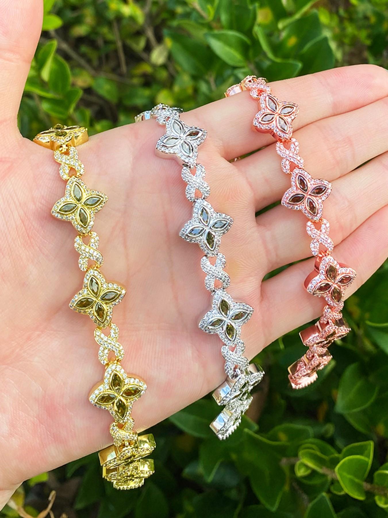 Iced Out Floral Infinity Link Bracelet for Women Real Gold Plated Hip Hop Jewelry Fashion Bracelets Exquisite Bracelet Elegant Jewelry Bracelet