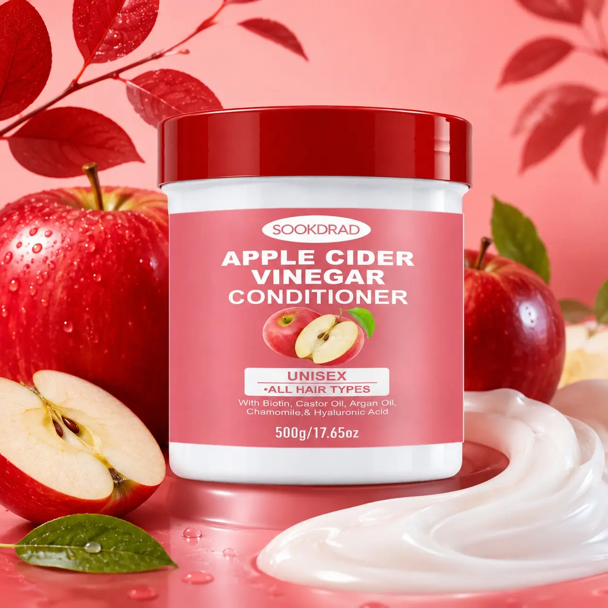 Apple Cider Vinegar Nutritive Conditioner, With Biotin, Castor Oil, Argan Oil, Chamomile, Hyaluronic Acid, Suitable For All Hair Types, Unisex, Daily Hair Care, Conditioning Hydrate Shine, 500g