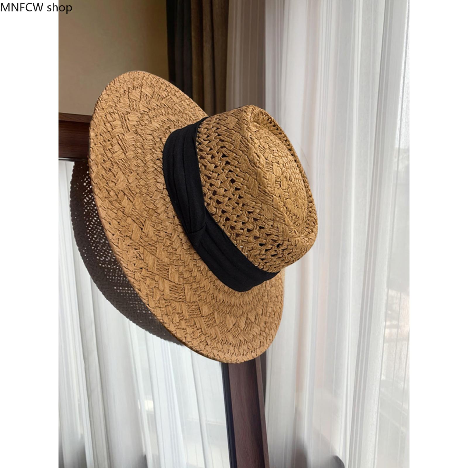 Women's Cotton Straw Hat - French-Style Flat-Top Wide-Brim Fedora, Casual Hat for Large Sizes, Beach Vacation Accessories for Women, Cotton Hat, Hats