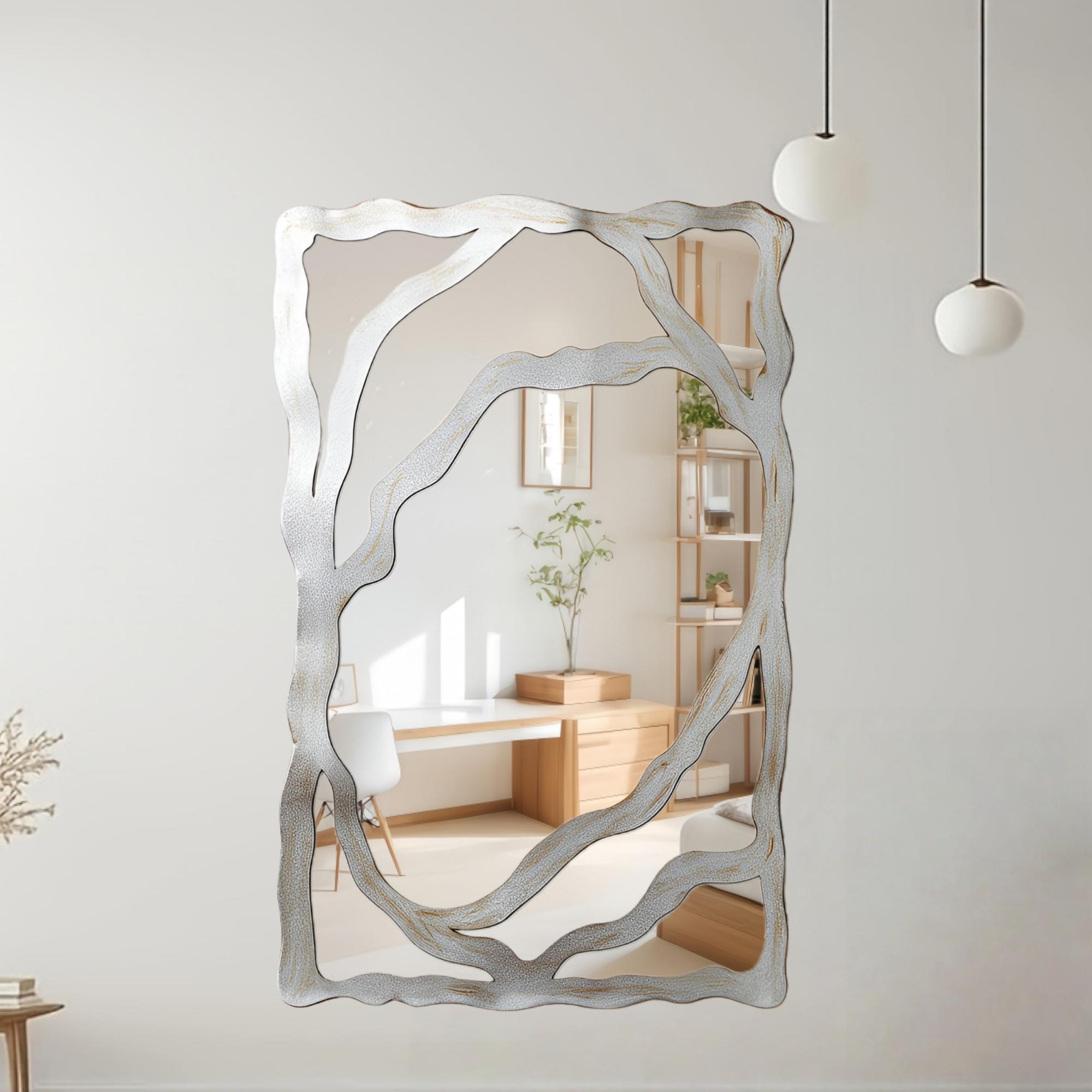 1pc, Modern classic silver rectangular shaped wall mirror decoration, made of acrylic material, non perforated self-adhesive wall mirror - irregular asymmetric shape, suitable for bedroom, foyer, bathroom, and home decoration, Home Decorative Mirror